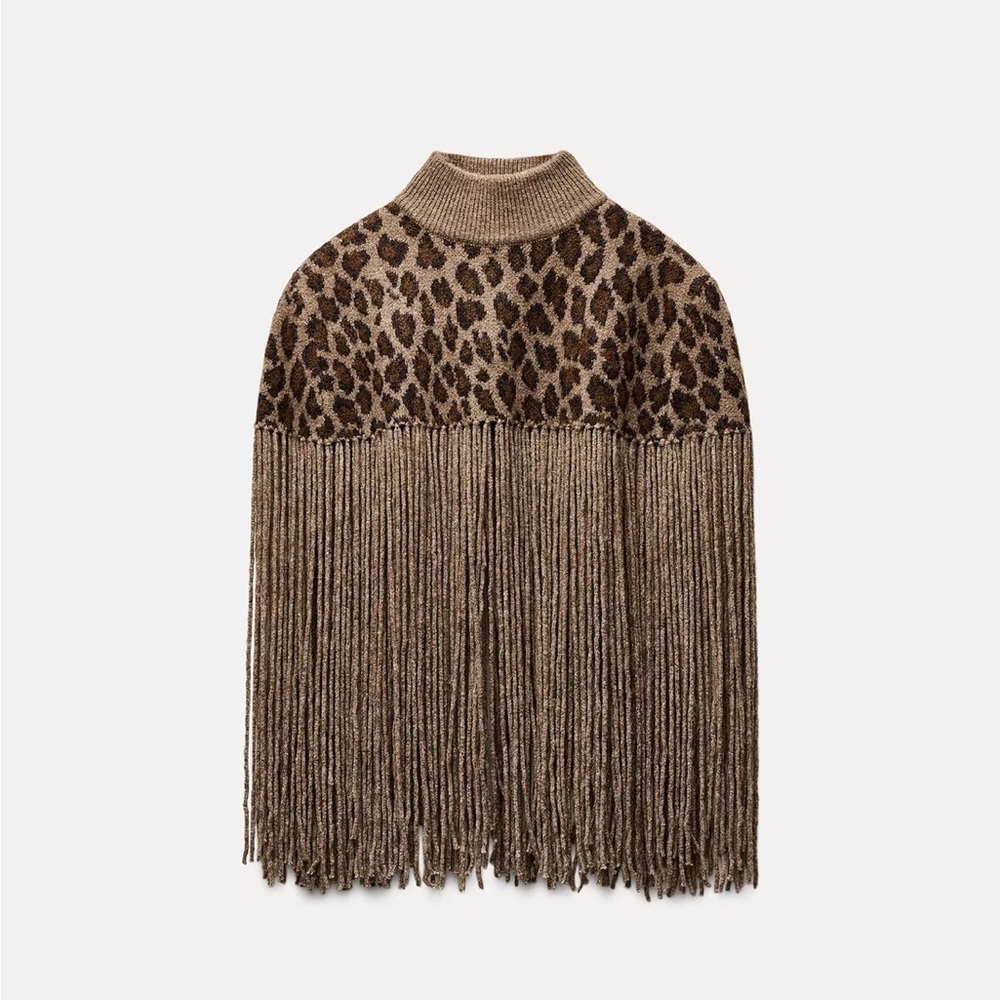 ZARA Fringed Animal Print Cape